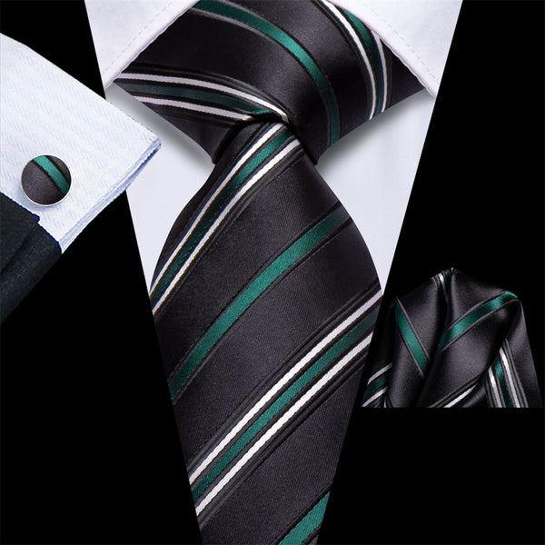 Ties2you Black Green Striped Men's Necktie Hanky Cufflinks Set
