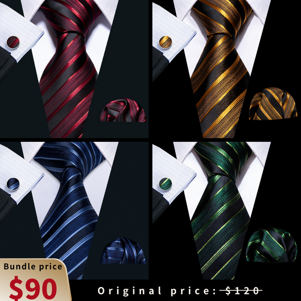 4PCS Ties2you Four Color Striped Necktie Cufflinks Hanky Set