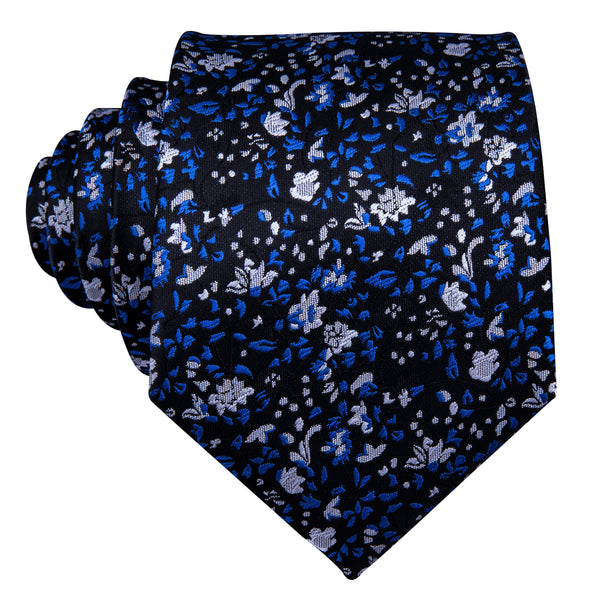 Blue Floral Silk Fabric Tie Hanky Cufflinks Set