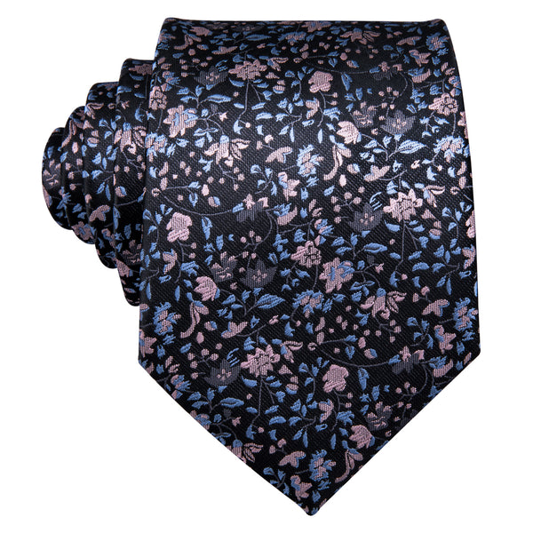 Black Pink Floral Silk Fabric Tie Hanky Cufflinks Set