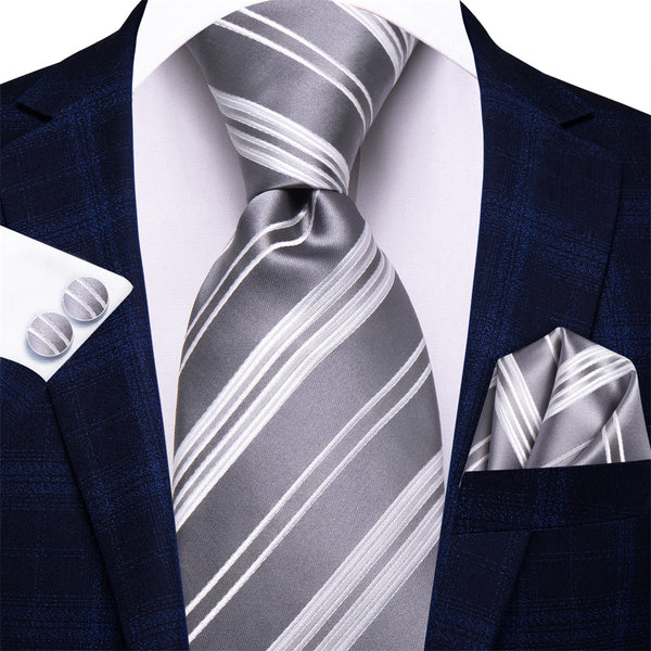 Ties2you Silver White Striped Men's Necktie Hanky Cufflinks Set