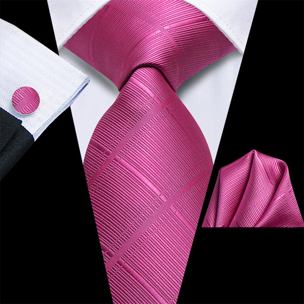 Ties2you Rosy Pink Plaid Silk Men's Necktie Hanky Cufflinks Set