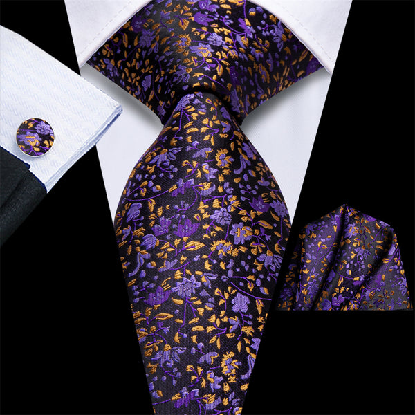 Ties2you Black Purple Floral Men's Necktie Pocket Square Cufflinks Set