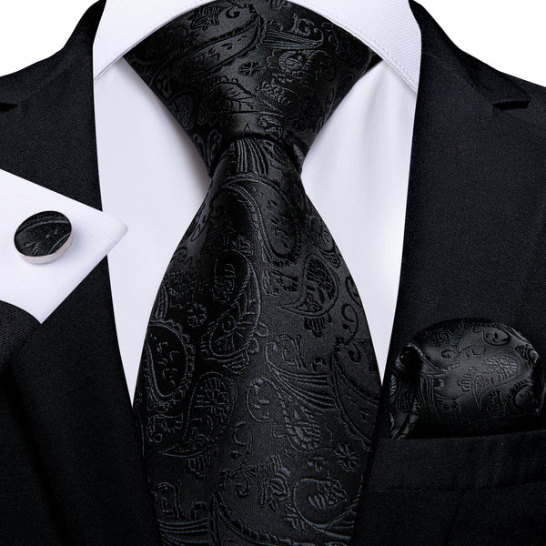Dark Black Paisley Silk Men's Tie Pocket Square Cufflinks Set