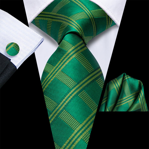 Ties2you Forest Green Plaid Silk Men's Necktie Hanky Cufflinks Set