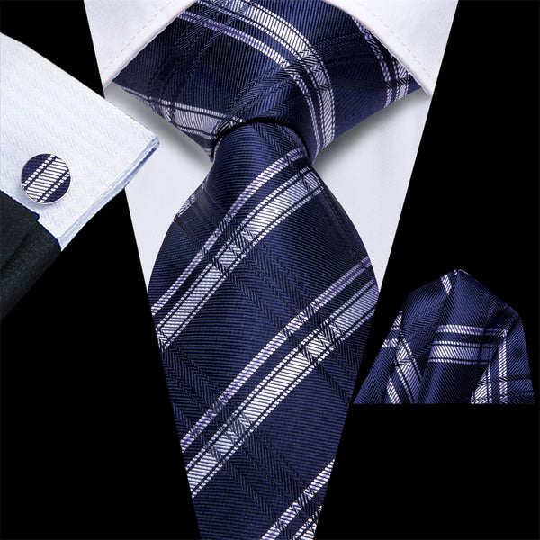Ties2you Prussian Blue Plaid Silk Men's Necktie Hanky Cufflinks Set