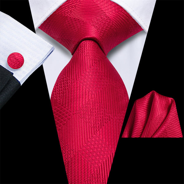 Ties2you Ruby Red Plaid Silk Men's Necktie Hanky Cufflinks Set