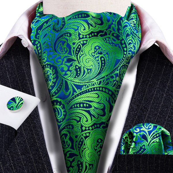 Green Blue Paisley Woven Silk Ascot Pocket Square Cufflinks Set
