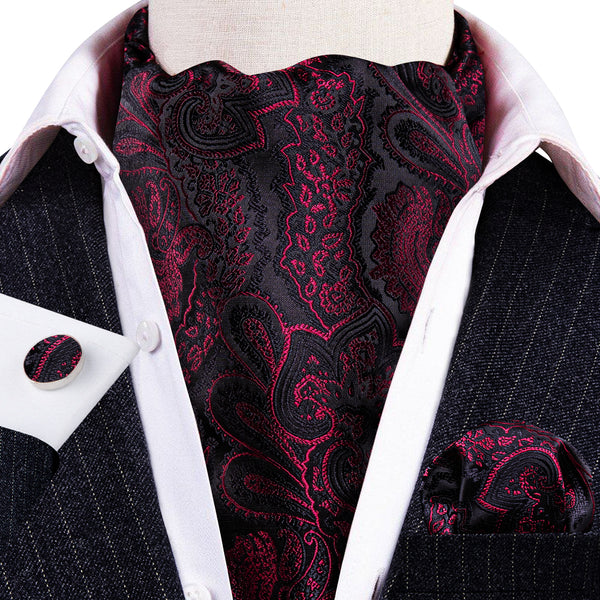Ties2you Red Tie Burgundy Black Paisley Flower Silk Ascot Pocket Square Cufflinks Set