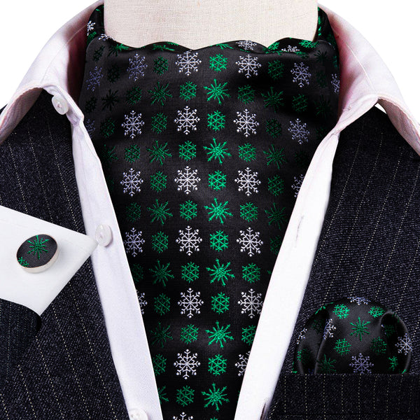 Christmas Black White Green Snowflake Silk Ascot Pocket Square Cufflinks Set