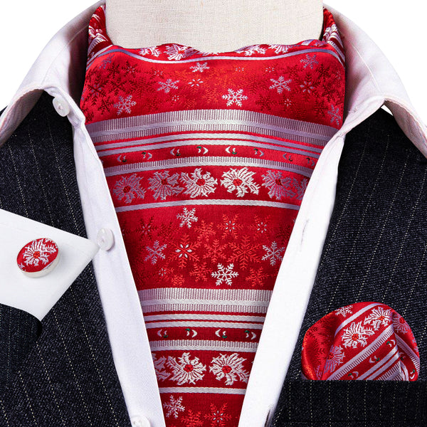 Christmas Red White Snowflake Silk Ascot Pocket Square Cufflinks Set