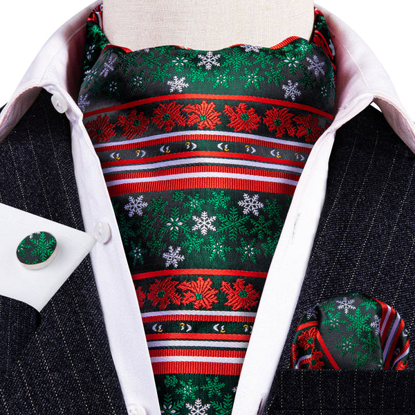 Christmas Red Green White Snowflake Silk Ascot Pocket Square Cufflinks Set