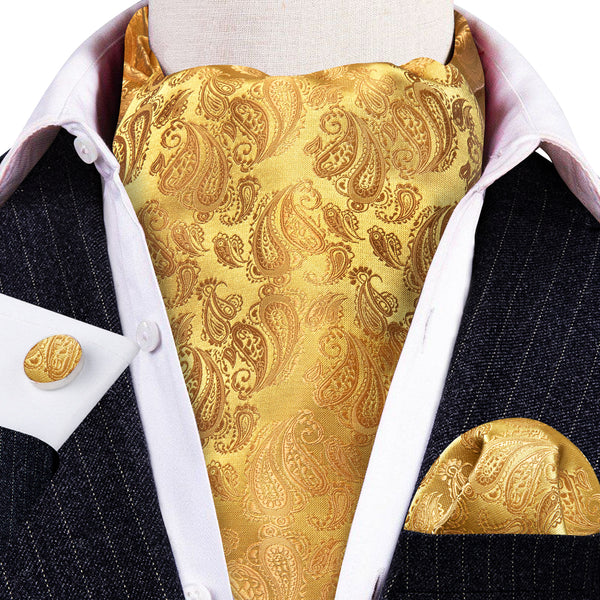 Gold Yellow Paisley Silk Ascot Pocket Square Cufflinks Set