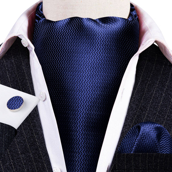 Navy Blue Novelty Woven Silk Ascot Pocket Square Cufflinks Set