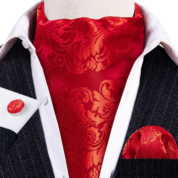 Red Floral Silk Ascot Pocket Square Cufflinks Set