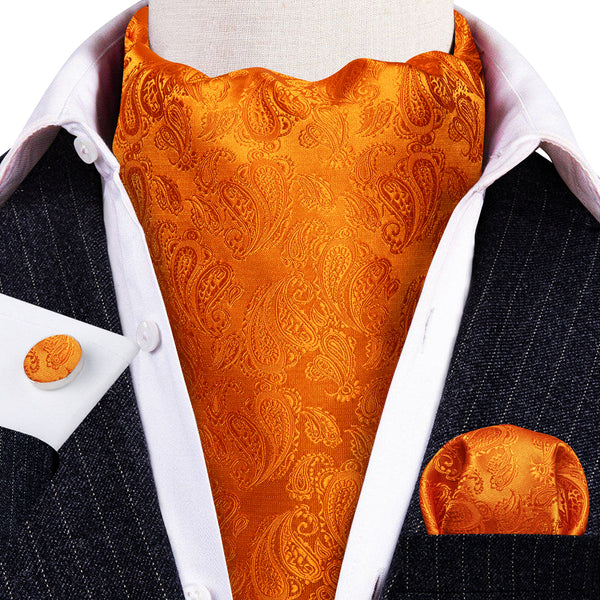 Orange Paisley Silk Ascot Pocket Square Cufflinks Set