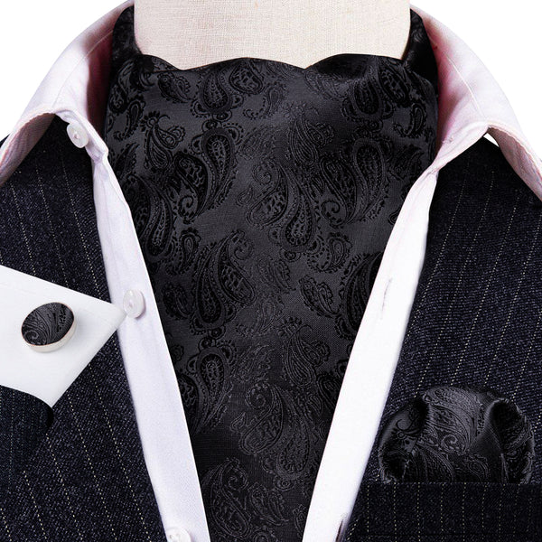 Black Paisley Silk Ascot Pocket Square Cufflinks Set