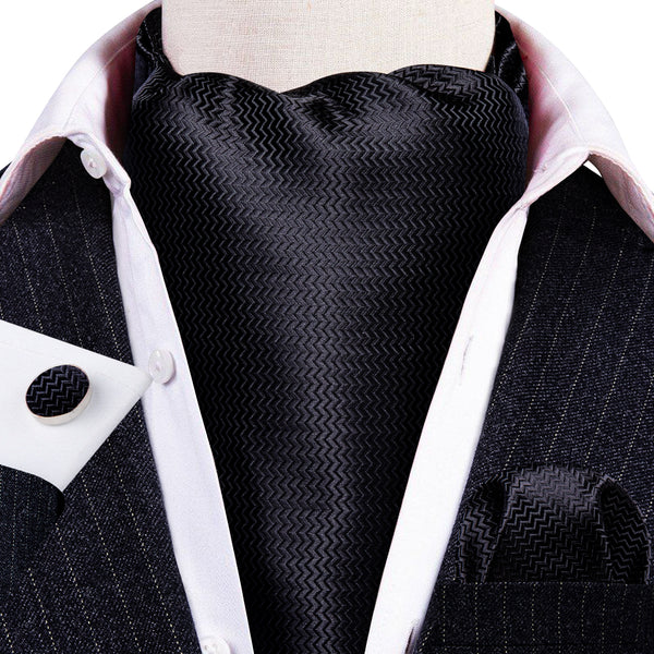 Black Novelty Woven Silk Ascot Pocket Square Cufflinks Set