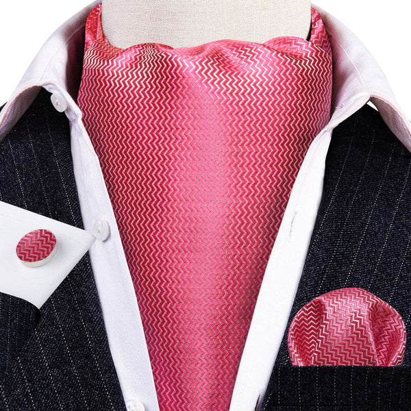 Shock Pink Novelty Woven Silk Ascot Pocket Square Cufflinks Set