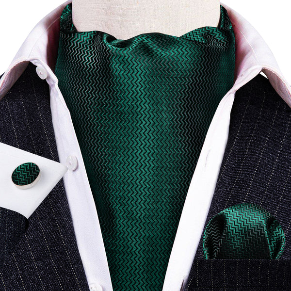 Dark Green Novelty Woven Silk Ascot Pocket Square Cufflinks Set