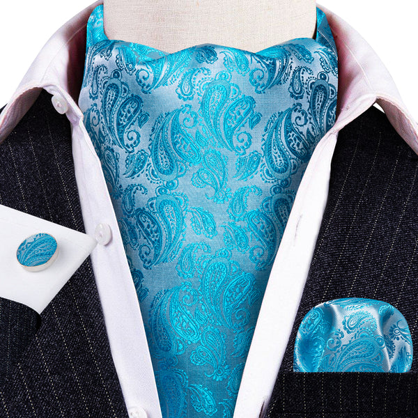 Blue Paisley Silk Ascot Pocket Square Cufflinks Set