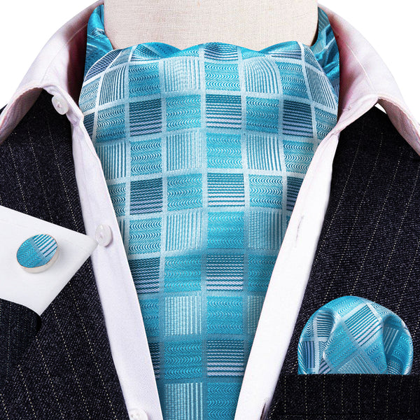 Blue Plaid Silk Ascot Pocket Square Cufflinks Set