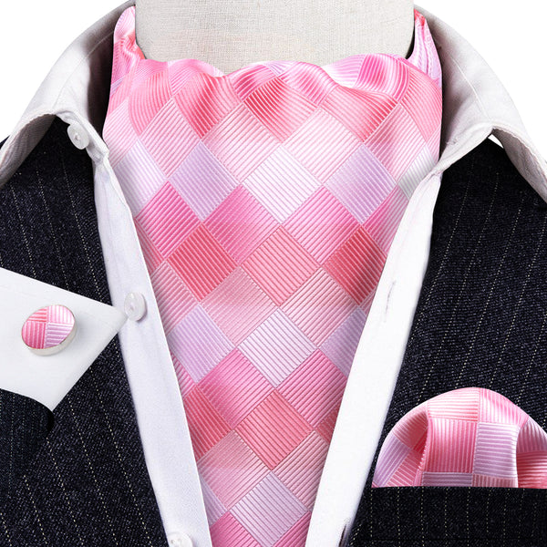 Pink White Plaid Silk Ascot Pocket Square Cufflinks Set