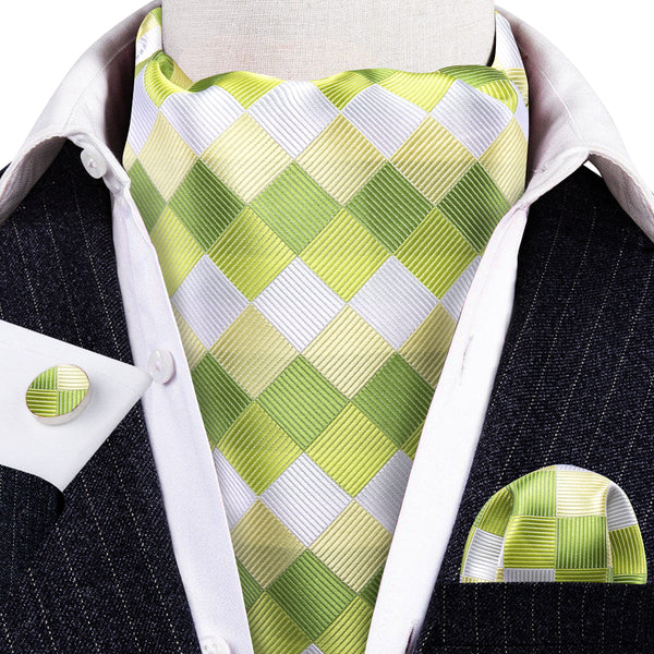 Green White Plaid Silk Ascot Pocket Square Cufflinks Set