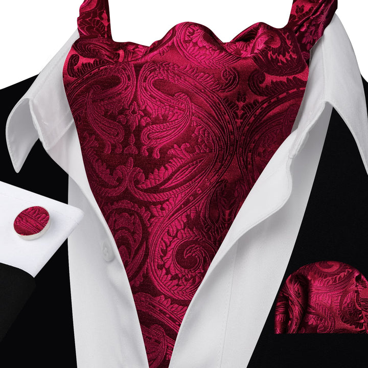Burgundy Red Paisley Silk Mens Cravat Ascot Tie Pocket Square Cufflinks Set