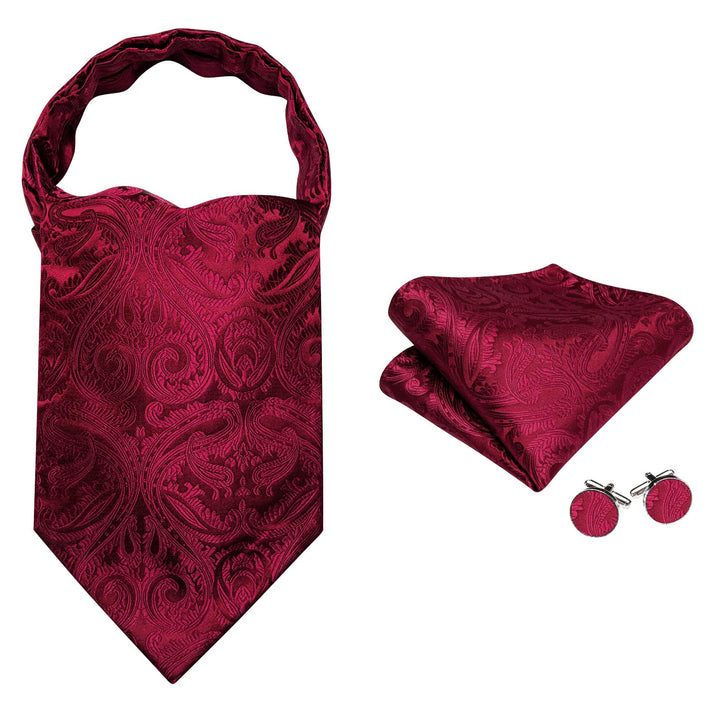 Burgundy Red Paisley Silk Mens Cravat Ascot Tie Pocket Square Cufflinks Set