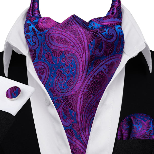 Purple Blue Paisley Silk  Mens Ascot Tie Handkerchief Cufflinks Set