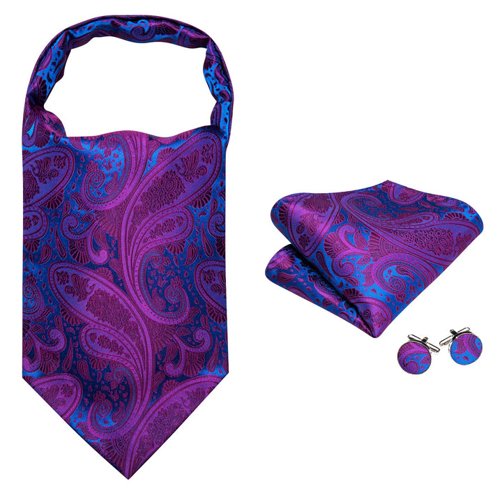 Purple Blue Paisley Silk Mens Ascot Tie Handkerchief Cufflinks Set