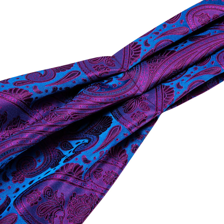 Purple Blue Paisley Silk Mens Ascot Tie Handkerchief Cufflinks Set