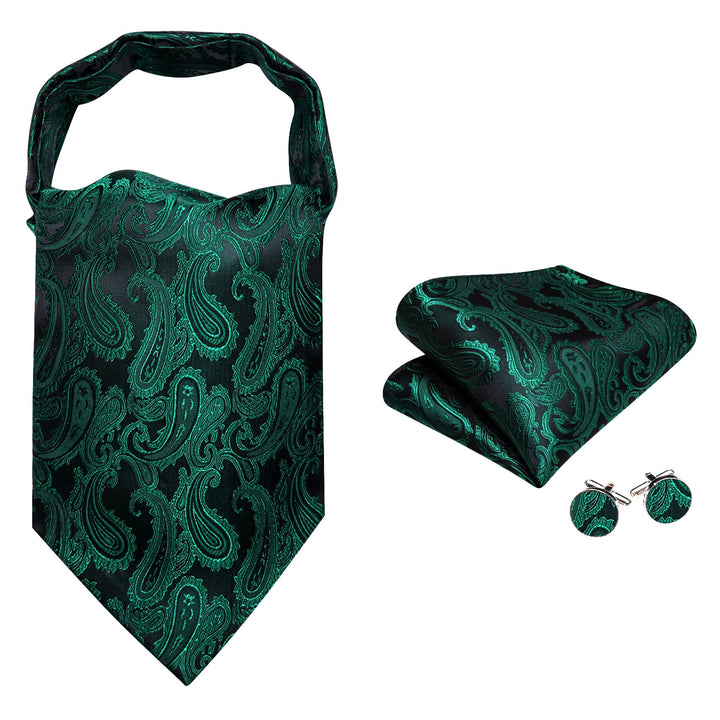 Sapphire Pine Green Paisley Silk Mens Ascot Tie Pocket Square Cufflinks Set