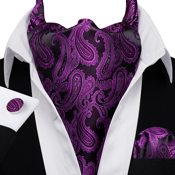 Dark Purple Paisley mens silk suit ascot tie pocket square cufflinks set