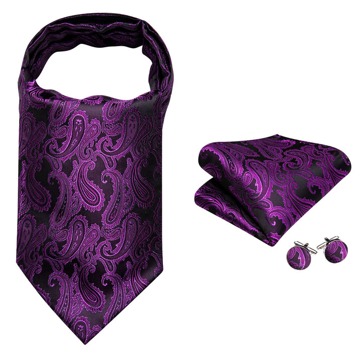 Dark Purple Paisley mens silk suit ascot tie pocket square cufflinks set
