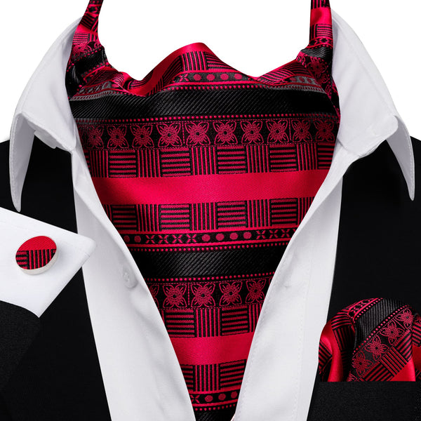 red necktie Red Black Novelty plaid floral silk mens ascot ties handkerchief cufflinks set