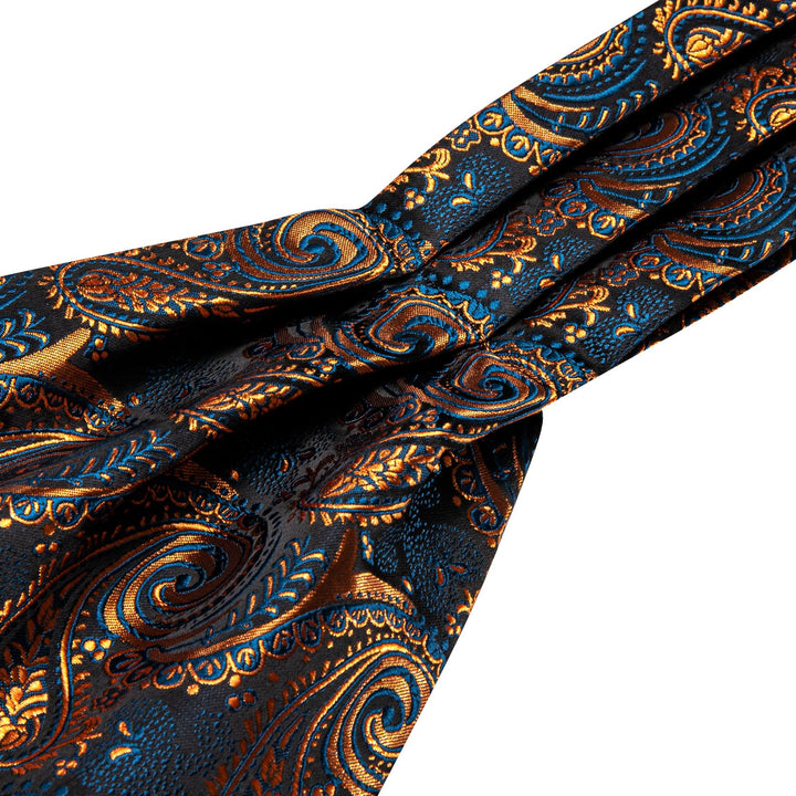  Gold Blue Paisley Silk Mens Ascot Cravat Tie Set