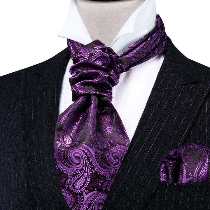  Dark Magenta Purple Paisley Silk Mens Ascot Cravat Tie Set