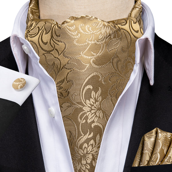Light Gold Floral Silk Ascot Pocket Square Cufflinks Set