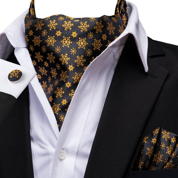 Christmas Black Golden Novelty Silk Ascot Pocket Square Cufflinks Set
