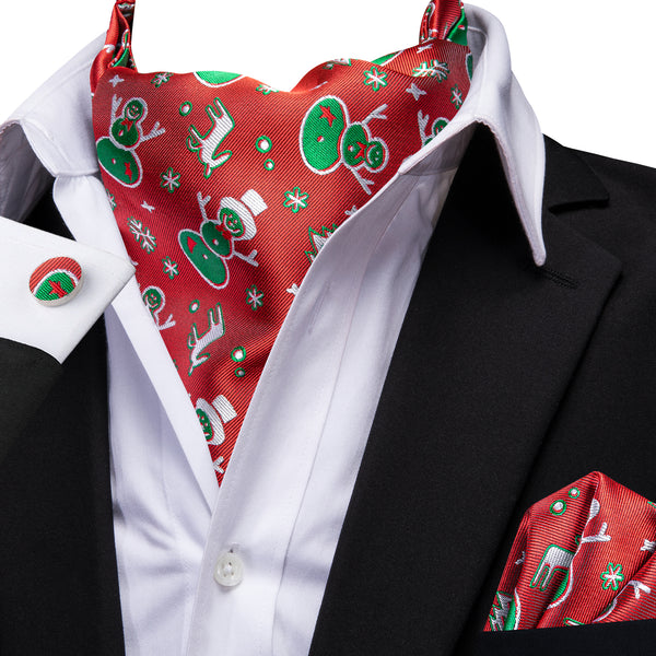 Red Green Christmas Snowmen Novelty Silk Ascot Pocket Square Cufflinks Set