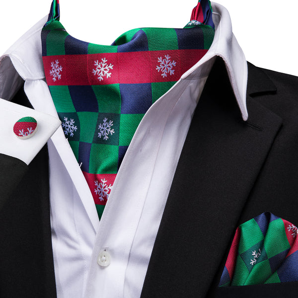 Green Red Christmas SnowFlake Silk Ascot Pocket Square Cufflinks Set