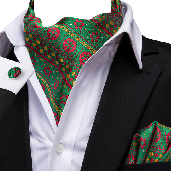 Ties2you Christmas Tie Green Red Flower Silk Men's Ascot Pocket Square Cufflinks Set