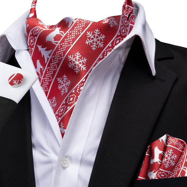 Red White Christmas Deer Novelty Silk Ascot Pocket Square Cufflinks Set