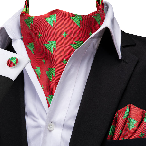Red Green Christmas Tree Novelty Silk Ascot Pocket Square Cufflinks Set