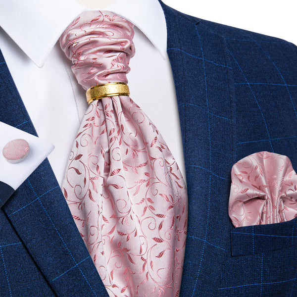 Pink Floral Ascot Pocket Square Cufflinks Set with Tie Ring