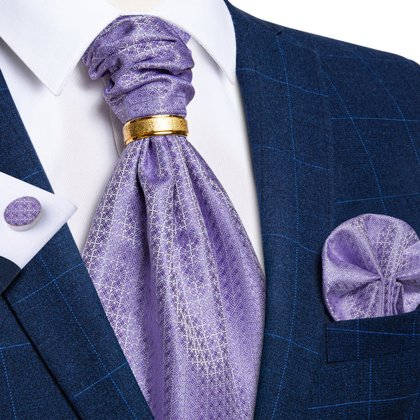 Purple White Plaid Ascot Pocket Square Cufflinks Set with Tie Ring