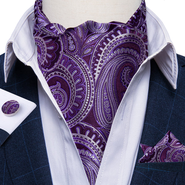 Purple Paisley Silk Ascot Pocket Square Cufflinks Set