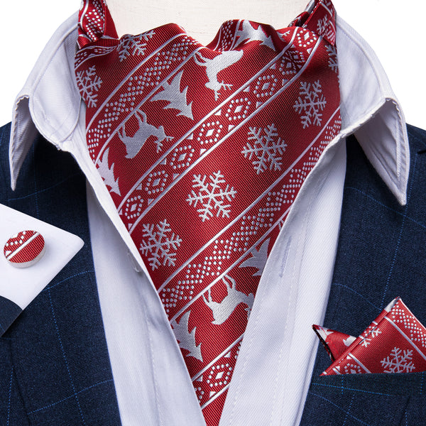 Christmas Red White Snowflake Deer Silk Ascot Pocket Square Cufflinks Set